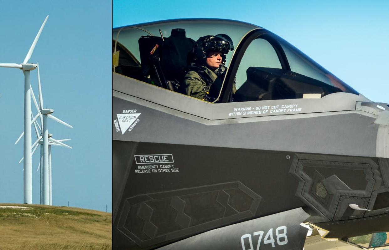 <span class="caption">Wind turbines and fighter jets both rely on imported critical minerals.</span> <span class="attribution"><a class="link " href="https://www.af.mil/About-Us/Fact-Sheets/Display/Article/478441/f-35a-lightning-ii/" rel="nofollow noopener" target="_blank" data-ylk="slk:U.S. Air Force; Dennis Schroeder/NREL;elm:context_link;itc:0;sec:content-canvas">U.S. Air Force; Dennis Schroeder/NREL</a></span>