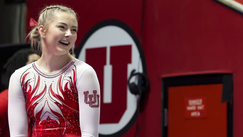 Utah’s Lucy Stanhope is pictured during a gymnastics meet at the Huntsman Center in Salt Lake City on Friday, March 4, 2022.