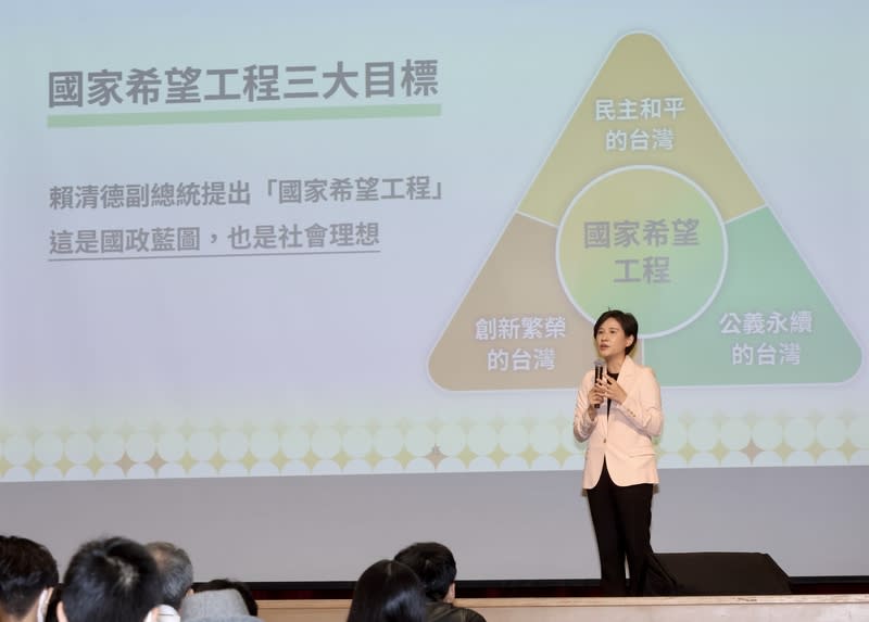 鄭麗君出席民進黨青年論壇（2） 民進黨20日在台北舉辦「投資未來世代青年論壇」， 內定行政院副院長鄭麗君（圖）出席，並以青平台基 金會董事長身分發表專題演講，提及總統當選人賴清 德提出的國家希望工程3大目標。 中央社記者張皓安攝　113年4月20日 