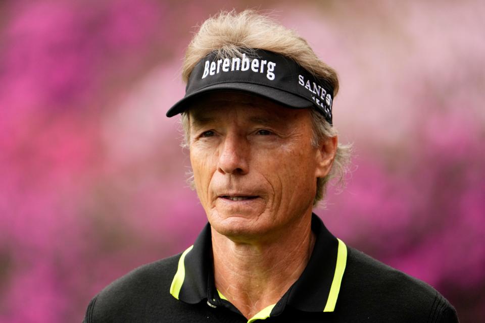 Apr 5, 2022; Augusta, Georgia, USA; Bernhard Langer walks off no. 13 green during a practice round of The Masters golf tournament at Augusta National Golf Club. Mandatory Credit: Rob Schumacher-USA TODAY Sports