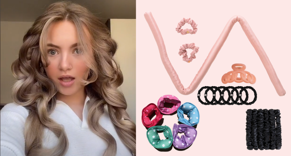 Image of woman with long blonde curls, next to an image of various non-electric curling products. 