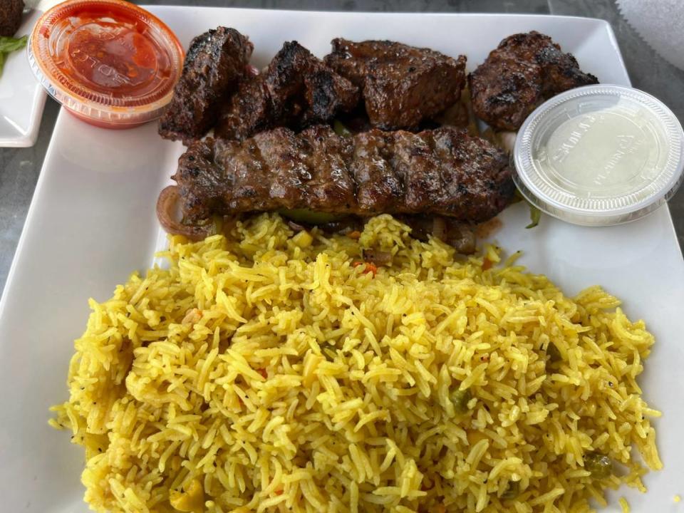 Jasmine Grill in Pineville offers several kababs including beef, kofta, chicken and shrimp with jasmine rice. Heidi Finley/hfinley@charlotteobserver.com