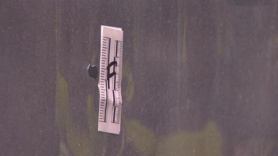 A puncture mark seen on a plastic patio enclosure at Isabelle's in Yaletown.