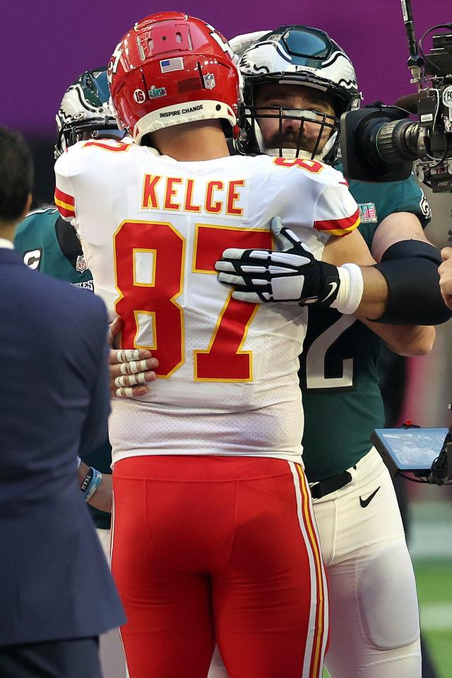 Travis and Jason Kelce Share Hug on the Super Bowl Field