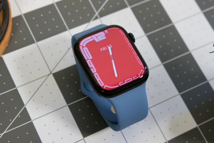 An Apple Watch Series 8 with the screen turned on.