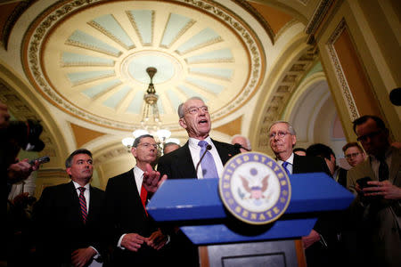 U.S. Sen. Chuck Grassley (R-IA) speaks to reporters after the weekly Republican caucus policy luncheon at the U.S. Capitol in Washington, U.S. April 4, 2017. REUTERS/Eric Thayer