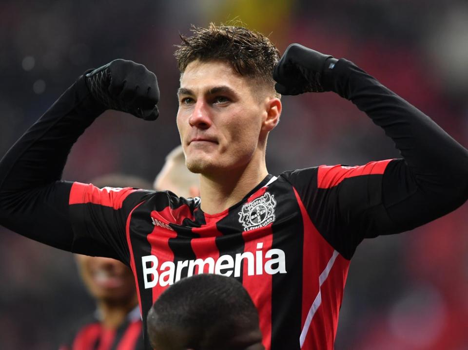 Patrik Schick celebrates scoring for Bayer Leverkusen (Getty)