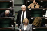 Jaroslaw Kaczynski leader of Poland's right-wing Law and Justice party arrives for a speech of newly elected Poland's Prime Minister Donald Tusk at the parliament in Warsaw, Poland, Tuesday Dec. 12, 2023. (AP Photo/Czarek Sokolowski)