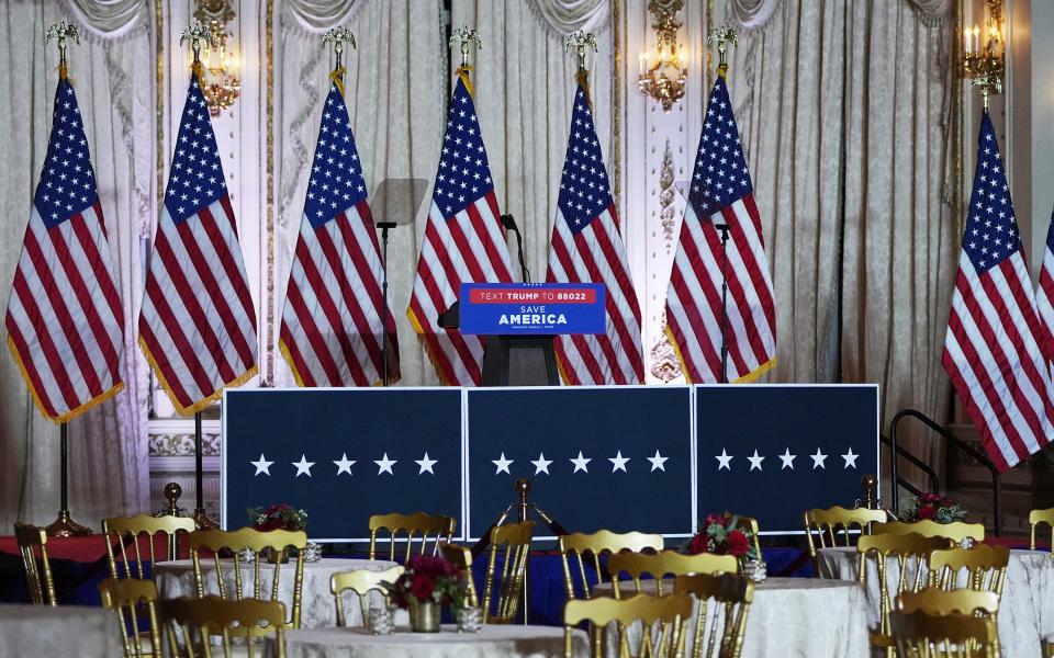 Staff prepares the ballroom for an election watch party at Mar-a-Lago in Palm Beach, on Tuesday, Nov. 8, 2022.