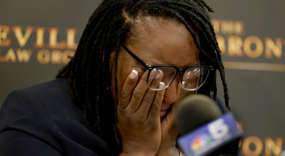 Carlishia Hood speaks during a press conference at offices in Chicago, Tuesday, June 27, 2023, after murder charges against her and her son were dropped after a deadly shooting at a restaurant.