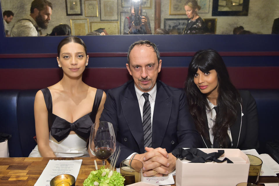 BEVERLY HILLS, CA - JANUARY 17:  (L-R) Angela Sarafyan, Riccardo Sciutto and Jameela Jamil attend Sergio Rossi & Elizabeth Stewart Celebrate Capsule Collection at Pop-Up at Westfield Century City on January 17, 2019 in Beverly Hills, California.  (Photo by Stefanie Keenan/Getty Images for Sergio Rossi )