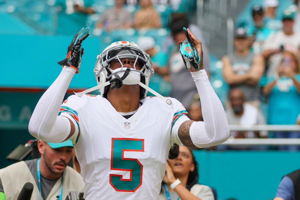 Oct 29, 2023; Miami Gardens, Florida, USA; Miami Dolphins cornerback Jalen Ramsey (5) reacts prior to the game against the New England Patriots at Hard Rock Stadium. Mandatory Credit: Sam Navarro-USA TODAY Sports