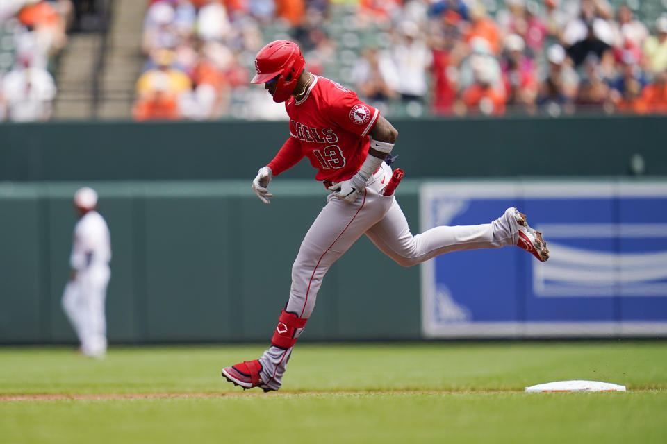 Los Angeles Angels' Monte Harrison runs the bases after hitting a two-run home run off Baltimore Orioles starting pitcher Austin Voth during the fourth inning of a baseball game, Sunday, July 10, 2022, in Baltimore. (AP Photo/Julio Cortez)