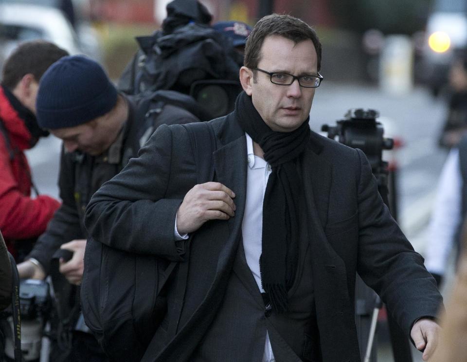 Andy Coulson arrives at The Old Bailey law court in London on Monday, Jan. 27, 2014. Former News of the World national newspaper editors Rebekah Brooks and Andy Coulson are on trial along with several others on charges relating to the hacking of phones and bribing officials while they were employed at the now closed tabloid paper.(AP Photo/Alastair Grant)