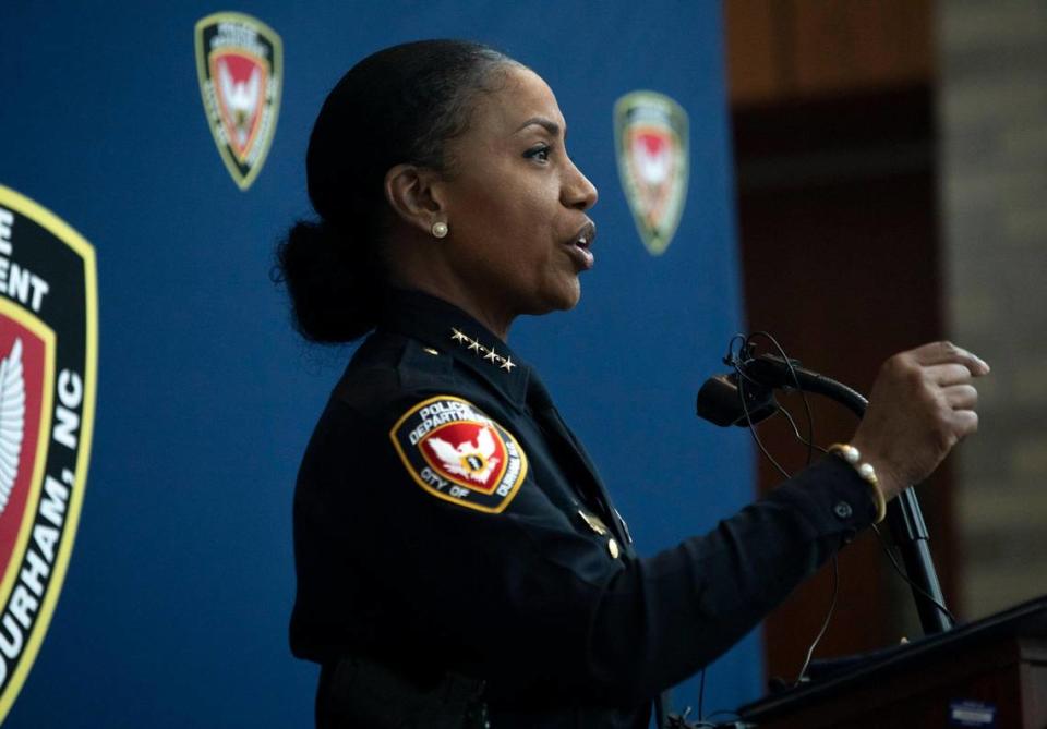 Durham Police Chief C.J. Davis speaks during a press conference with Durham Mayor Steve Schewel to address the increase in gun violence this year, on Thursday, Nov. 12, 2020, in Durham, N.C.