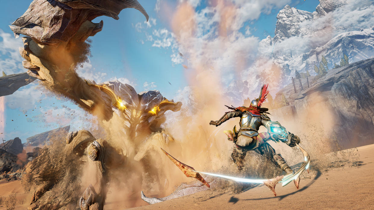  Main art work from Atlas Fallen featuring a character unleashing a whip on a big crab-like beast 