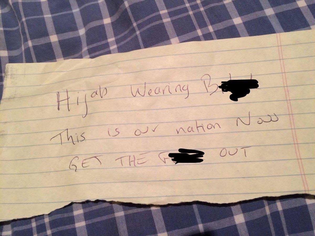 A note left in the car of a woman in Fremont, California, on Nov. 14, 2016. (Photo: Twitter/Raj Salwan)