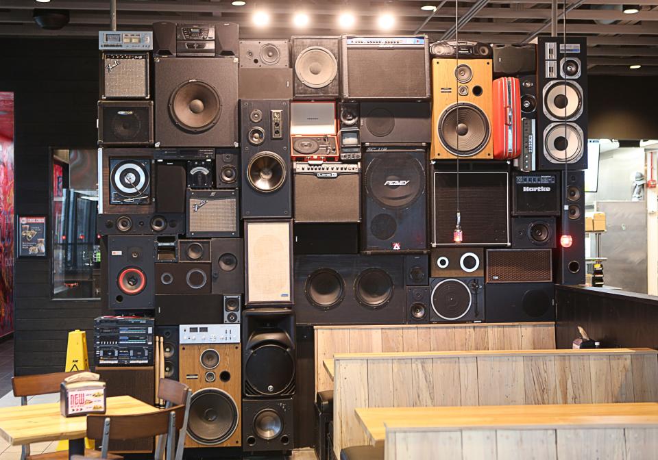 An art installation featuring speakers await customers as they enter the Taco Reho in Middletown.