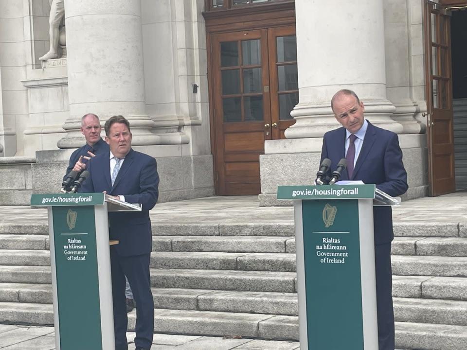 Minister for Housing Darragh O’Brien (left) and Taoiseach Micheal Martin launch a progress report of the Housing for All plan at Government Buildings in Dublin (Grainne Ni Aodha/PA) (PA Wire)