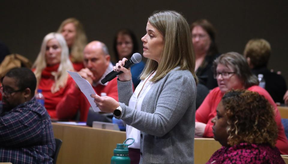 Corry Spring, vice president of Rockland Community College Federation of Administrators, and director of admissions for the college, speaks during a meeting of the Rockland Community College Board of Trustees Jan. 29, 2024.