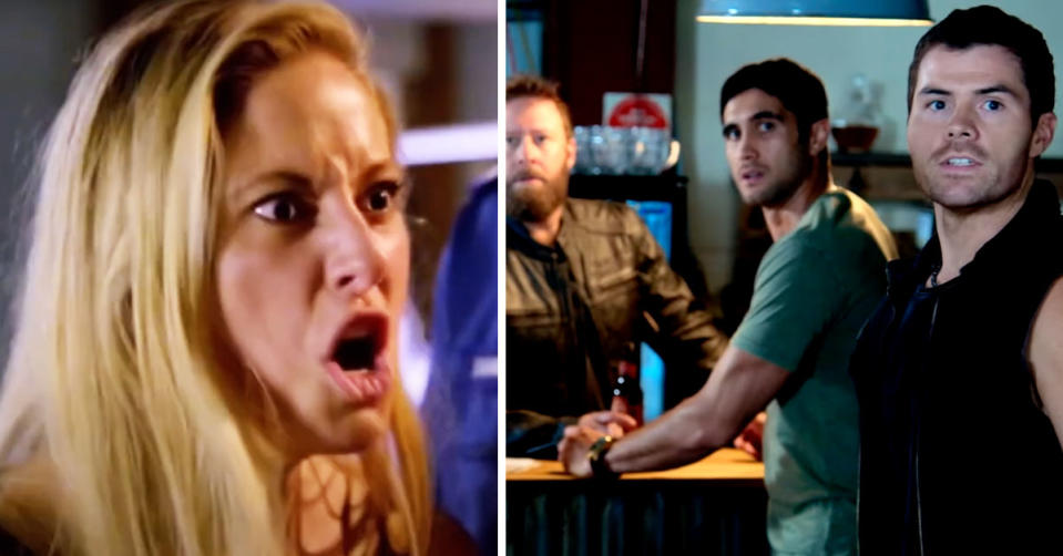 L: Home and Away character Felicity yells in anger. R: Tane and two bikies look towards the door.