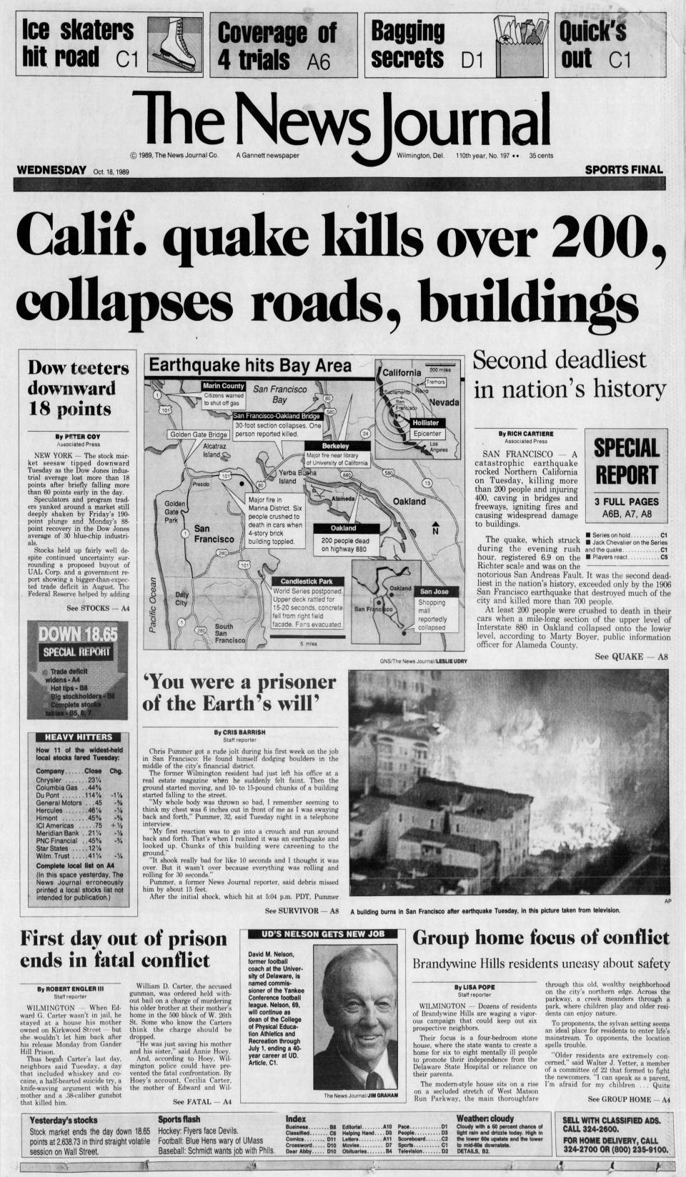 Front page of The News Journal from Oct. 18, 1989.
