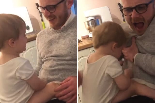 Toddler accidentally bites dad during dinosaur game