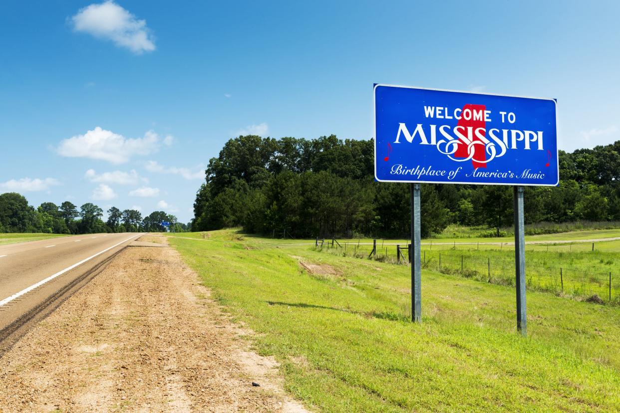 Mississippi State welcome sign along the US Highway 61 in the USA; Concept for travel in America and Road Trip in America