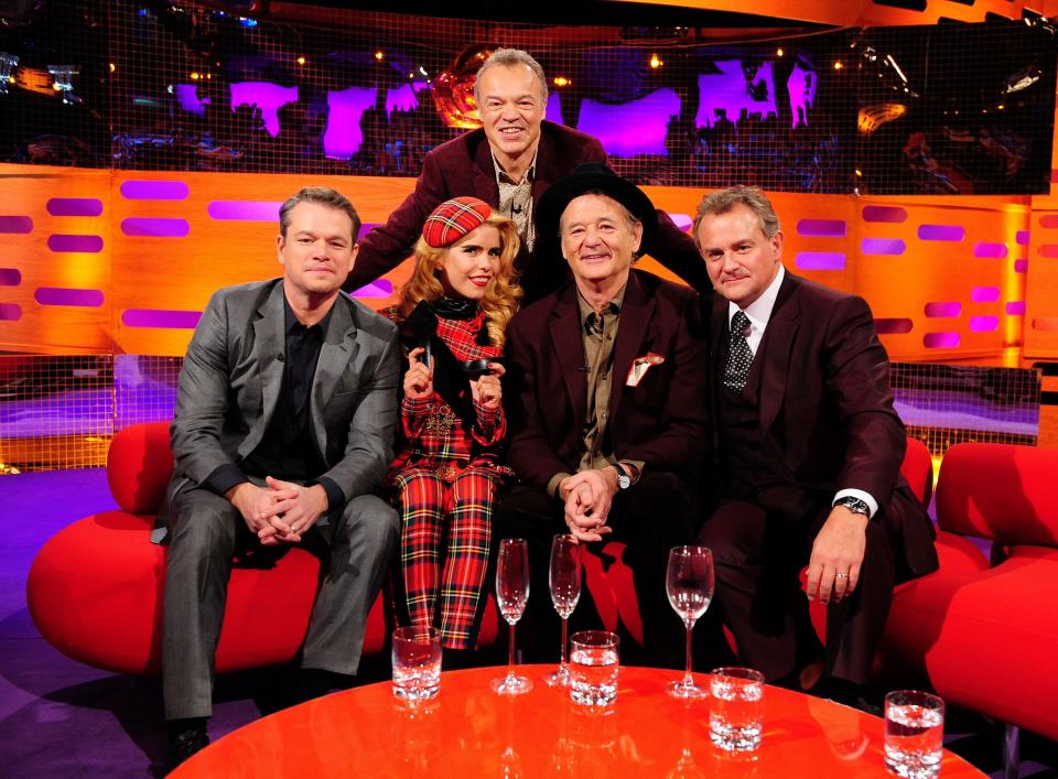 (Left - right) Matt Damon, Paloma Faith, Graham Norton, Bill Murray and Hugh Bonneville during filming of the Graham Norton Show, at the London Studios, in central London, to be aired on BBC One on Friday. (Photo by Ian West/PA Images via Getty Images)