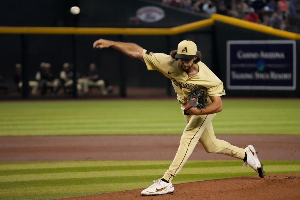 Jul 22, 2022; Phoenix, Arizona, USA; Arizona Diamondbacks starting pitcher Zac Gallen (23) pitches against the Washington Nationals during the first inning at Chase Field.