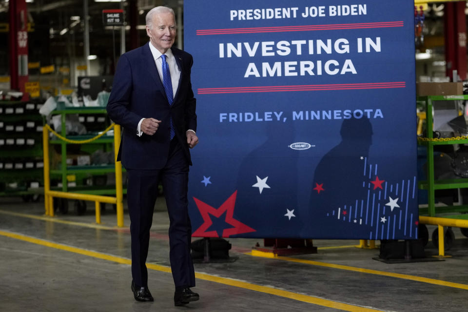 FILE - President Joe Biden arrives to speak at the Cummins Power Generation facility in Fridley, Minn., Monday, April 3, 2023. As Biden, the oldest president in U.S. history, embarks on his reelection campaign, he is increasingly musing aloud about his advanced age, cracking self-deprecating jokes and framing his decades in public life as a plus, hoping to persuade voters his age is an asset rather than a vulnerability. (AP Photo/Carolyn Kaster, File)