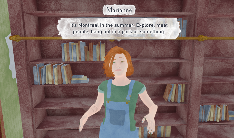 A screenshot of a game called Été.  A person and a bookcase behind them are depicted in the style of watercolor art.  The text bubble reads 