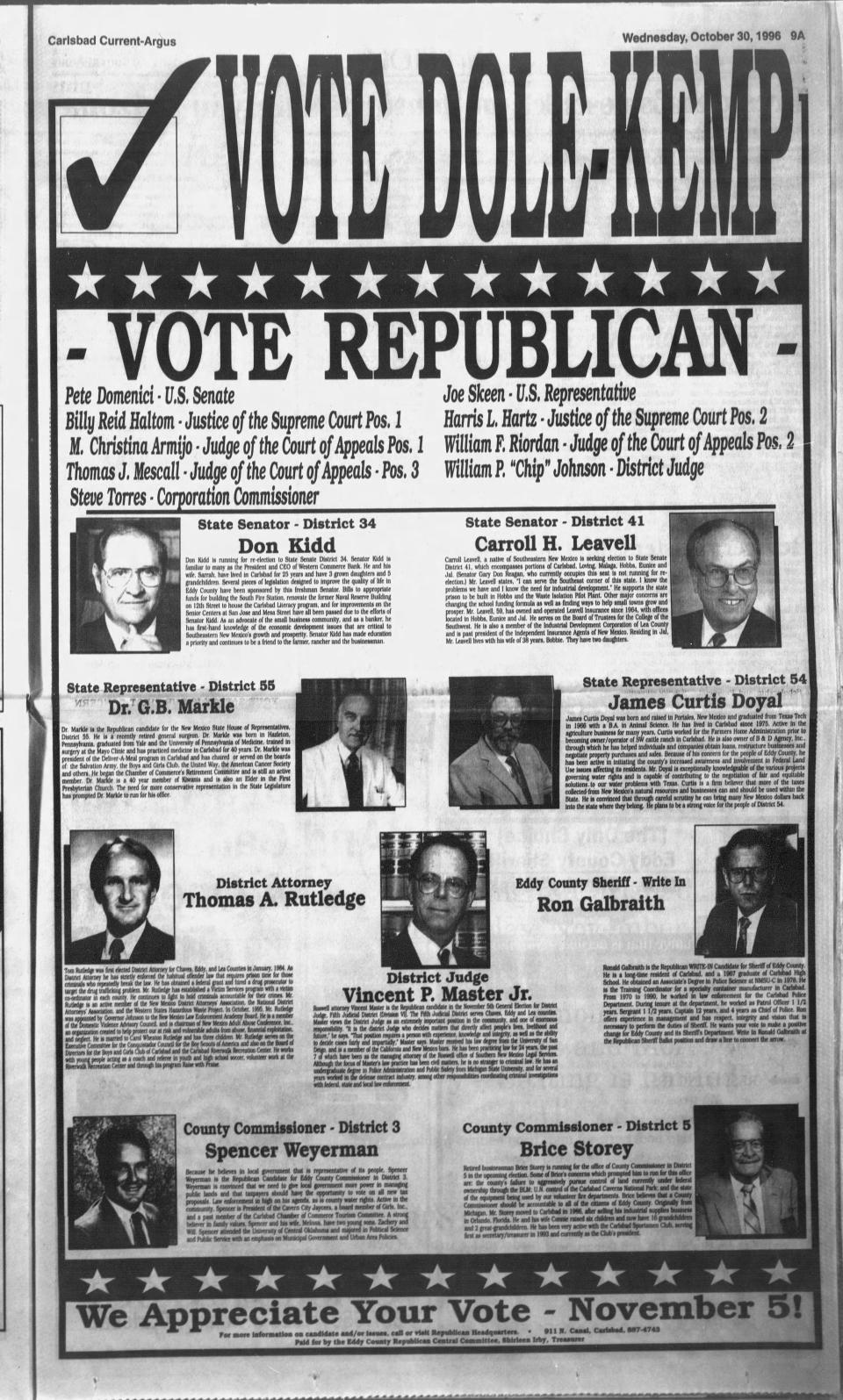 An advertisement for New Mexico Republicans in an October 1996 issue of the Carlsbad Current-Argus