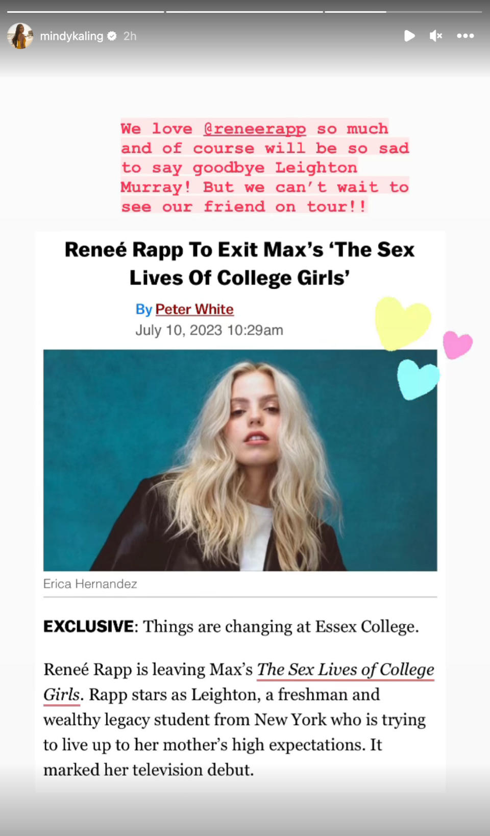 Mindy Kaling's Instagram Stories post on Reneé Rapp exiting 'The Sex Lives of College Girls'