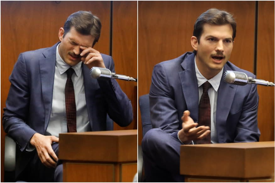 Kutcher con traje y corbata ofrece su testimonio. News 18