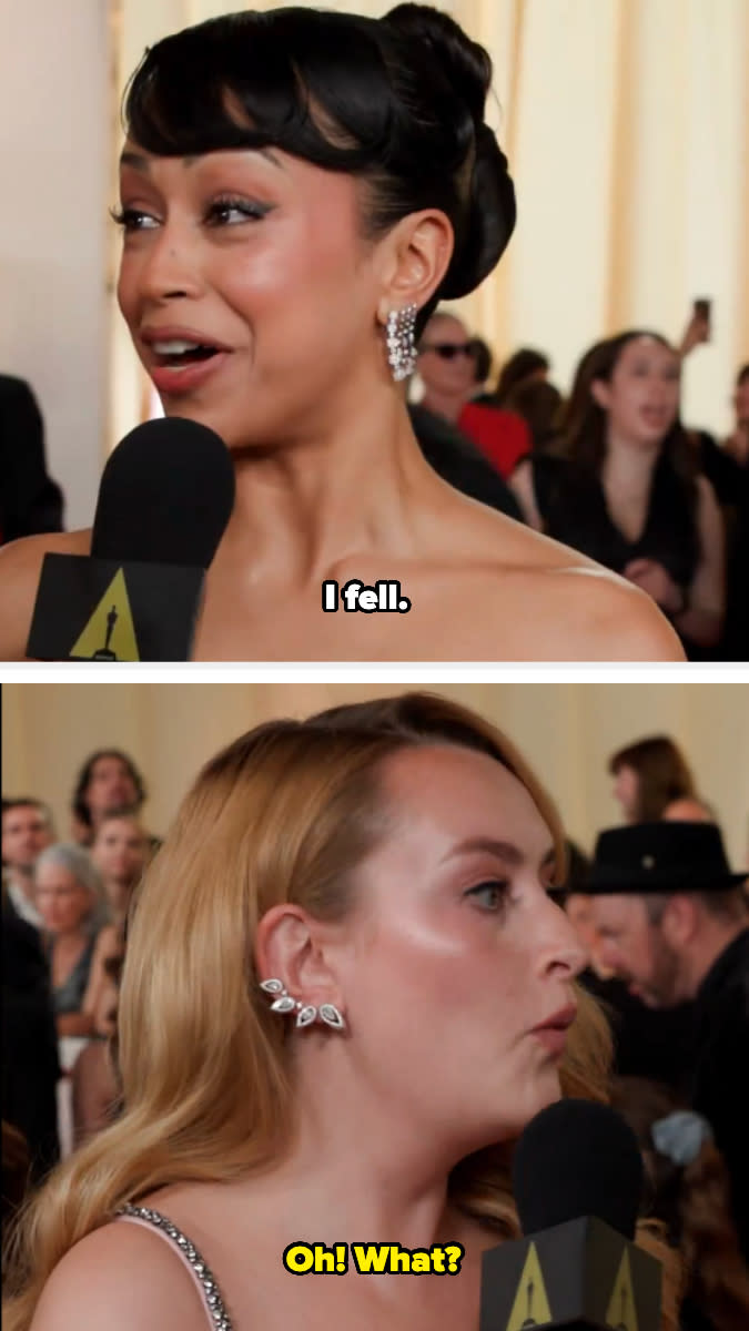 Upper photo: TV host interviewing a celebrity. Liza's caption reads, "I fell."Lower photo: Amelia reacts with surprise. Caption, "Oh! What?"