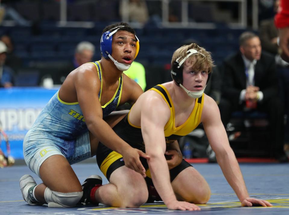 Windsor's Gabriel Monroe defeats Central Valley Academy's Ethan Randall in the 189-pound championship match at the NYSPHSAA state wrestling championships at the MVP Arena in Albany on Saturday, February 26, 2022. 