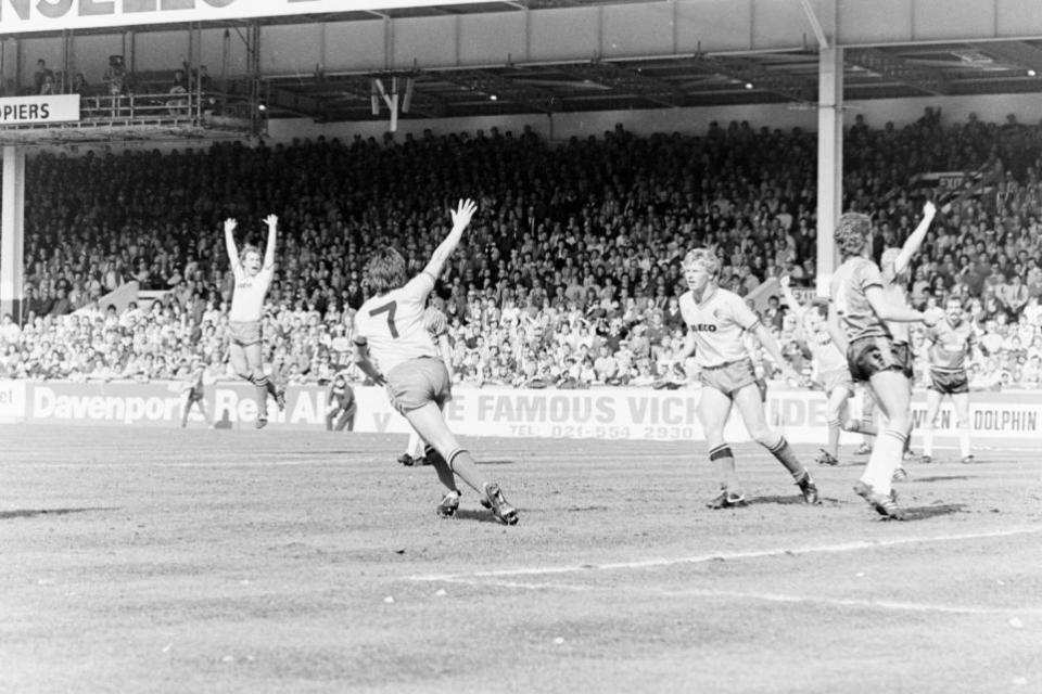 Watford Observer: ...but a Plymouth arm is raised appealing for offside as Neil Price leaps in celebration in the background