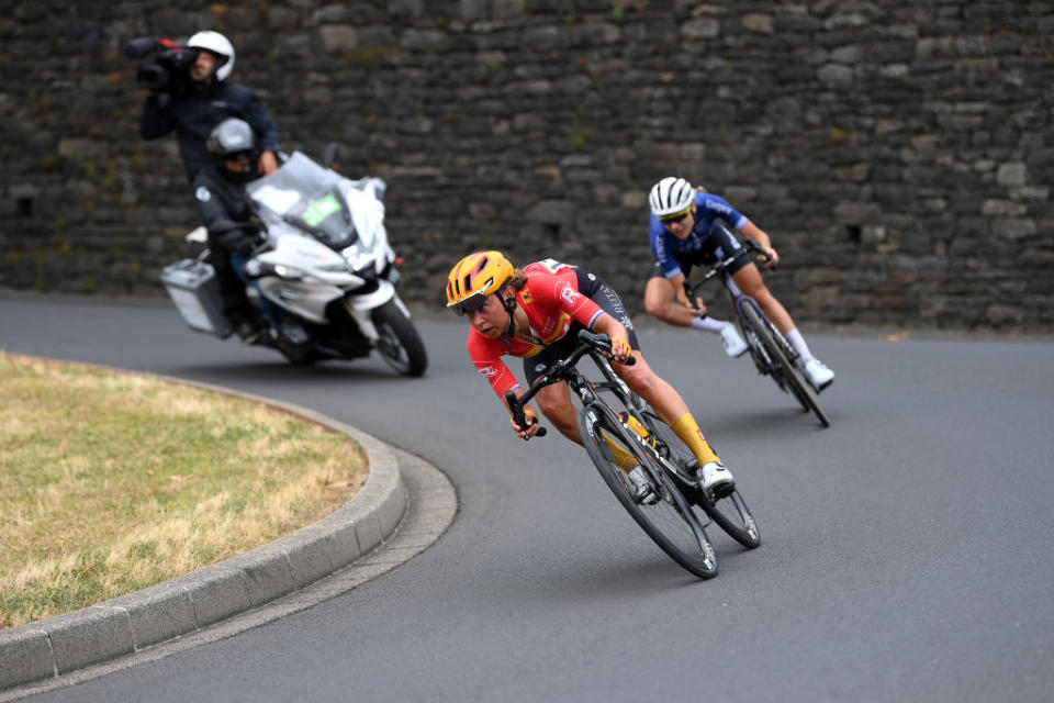 CLERMONTFERRAND FRANCE  JULY 24 LR Anouska Koster of The Netherlands and Team UnoX Pro Cycling Team and Yara Kastelijn of The Netherlands and Team FenixDeceuninck compete in the breakaway prior to the 2nd Tour de France Femmes 2023 Stage 2 a 1517km stage from ClermontFerrand to Mauriac  UCIWWT  on July 24 2023 in ClermontFerrand France Photo by Alex BroadwayGetty Images