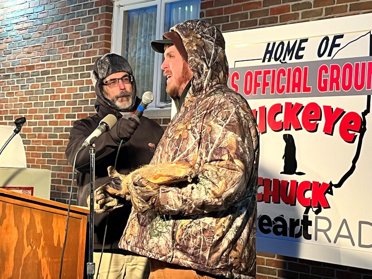 Naturalist James Anderson, right, from the Marion County Park District talks all things groundhog with WMRN-AM radio personality Paul James during the annual Groundhog Day celebration on Thursday, Feb. 2, 2023.