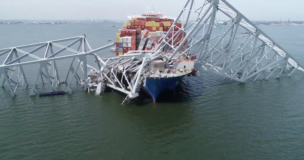 A drone view of the Dali cargo vessel, which crashed into the Francis Scott Key Bridge causing it to collapse, in Baltimore (via REUTERS)