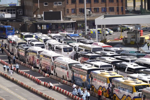 Coaches wait to enter the Port of Dover in Kent after extra sailings were run to try and clear the backlog which left passengers stuck in Easter traffic for hours.