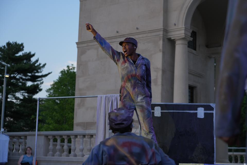 Akili Ni Mali performs during a dress rehearsal for "Ricky 3 — a hip-hop Shakespeare Richard III" at Taggart Memorial Amphitheater Tuesday, July 19, 2022, in Indianapolis.