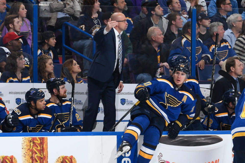 ST. LOUIS, MO – APRIL 26: Mike Yeo of the St. Louis Blues instructs against the Nashville Predators in Game One of the Western Conference Second Round during the 2017 NHL Stanley Cup Playoffs at Scottrade Center on April 26, 2017 at Scottrade Center in St. Louis, Missouri. (Photo by Scott Rovak/NHLI via Getty Images)