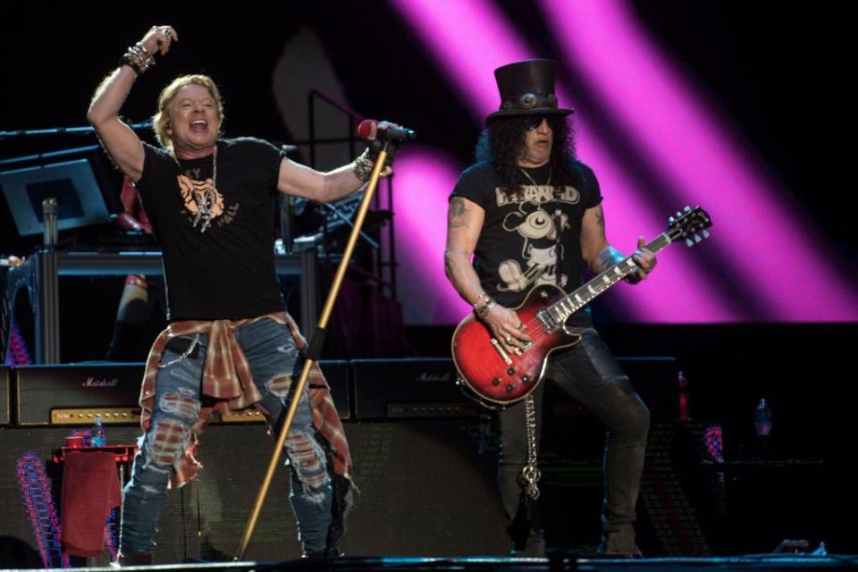 Axl Rose and Slash of Guns N' Roses perform during the Vive Latino festival in Mexico City on 14 March 2020. (ALEJANDRO MELENDEZ/AFP via Getty Images)