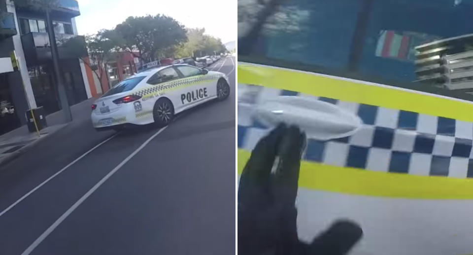 A police car turns into the path of a scooter on Halifax Street, Adelaide.