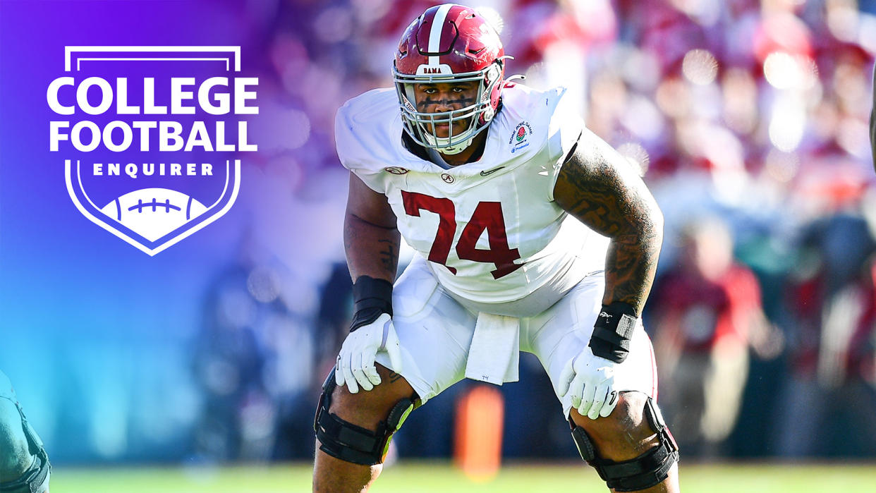 Former Alabama offensive lineman Kadyn Proctor lines up in his stance
(Photo by Brian Rothmuller/Icon Sportswire via Getty Images)