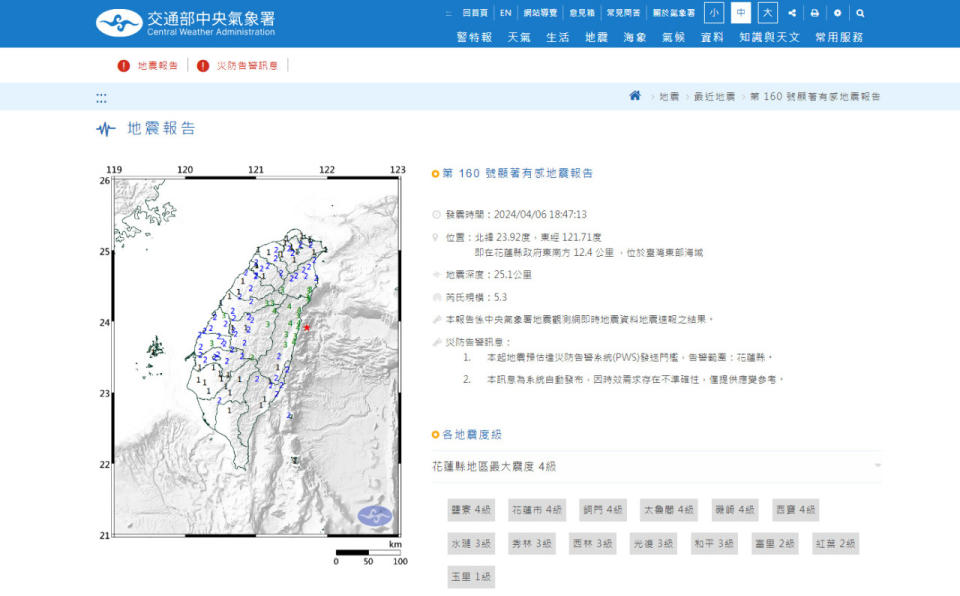 氣象署表示，6日晚間6時47分，台灣東部海域又發生一起芮氏規模5.3的地震，震央位於花蓮縣政府東南方12公里處，地震深度25公里。(翻攝自氣象署官網)