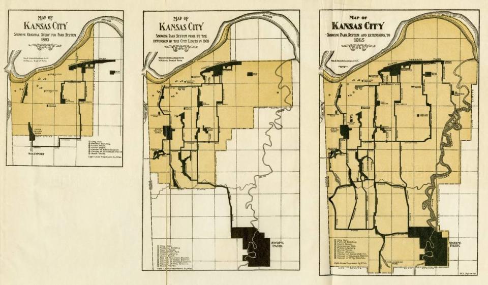 Maps illustrating the growth of Kansas City’s parks and boulevards plan from 1893-1915.