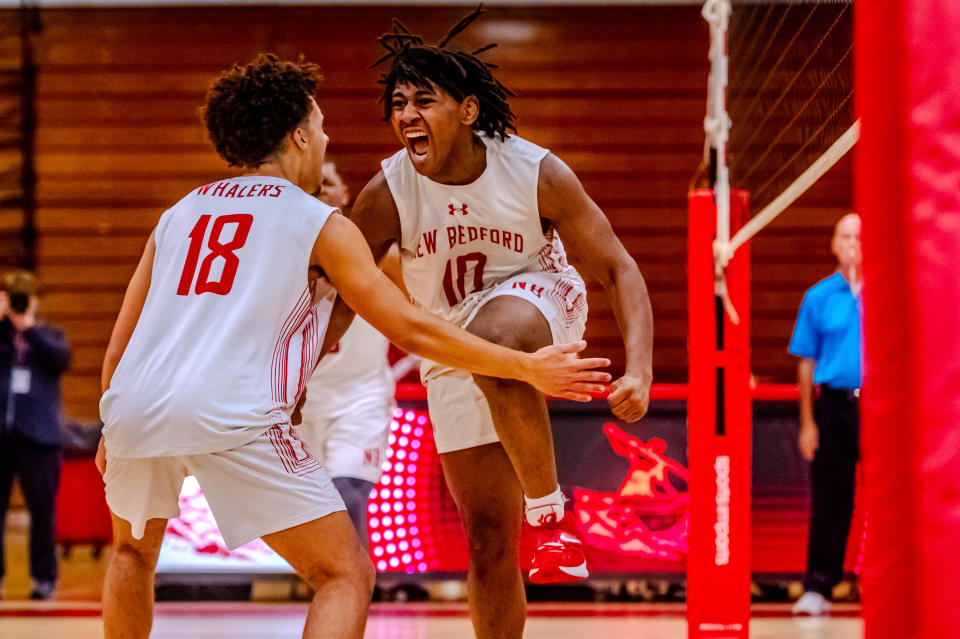 New Bedford's Davon Shields celebrates his point.